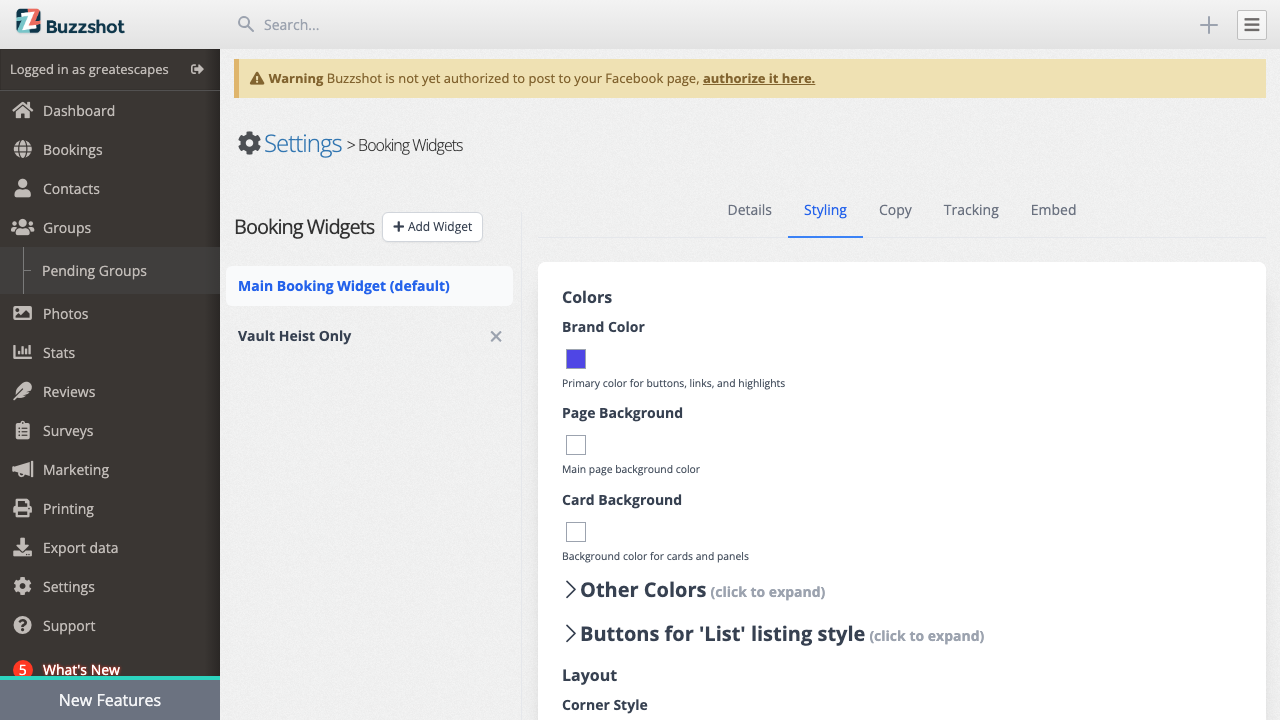 The main colour settings on the Styling tab